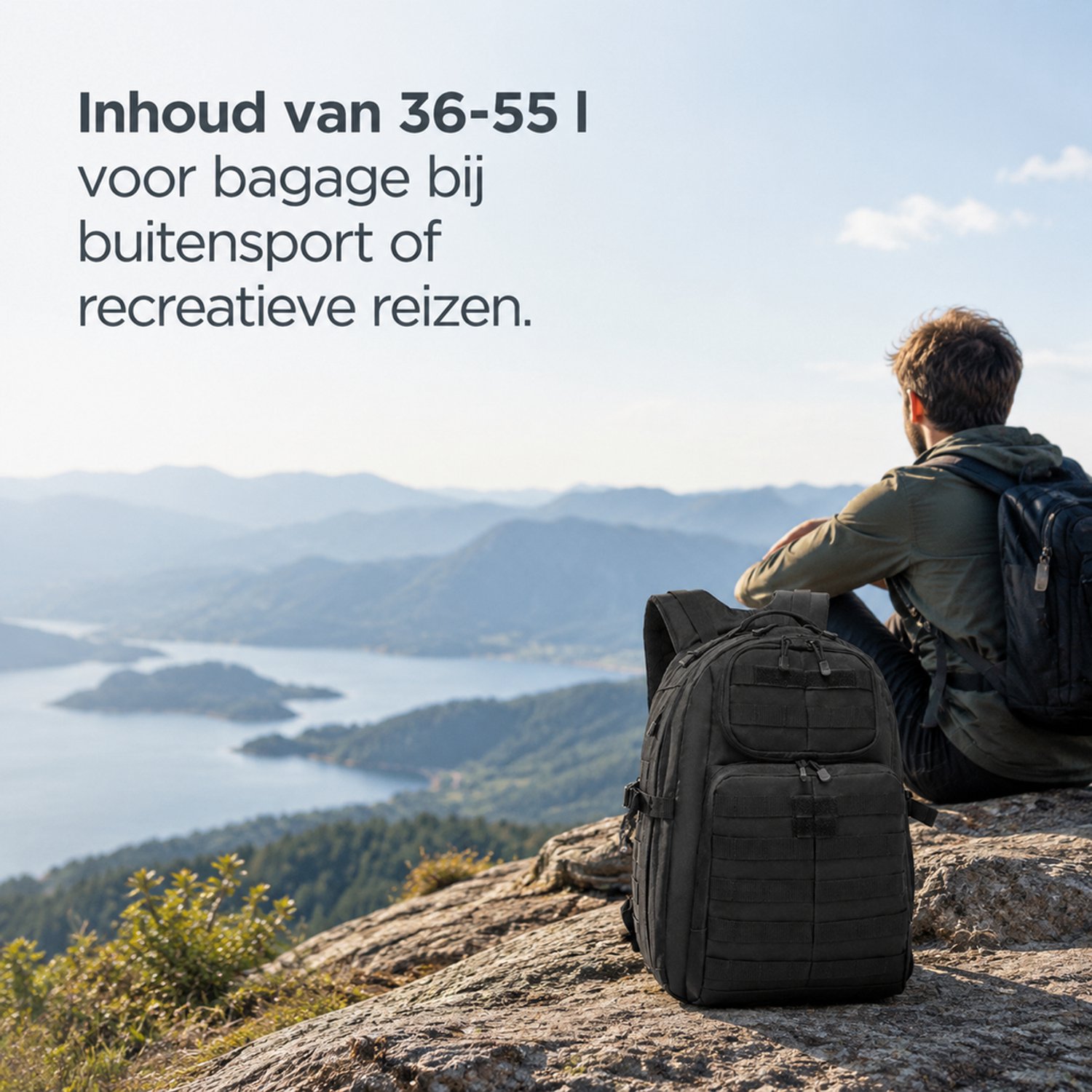 Rugzak 36-55L - zwart - voor buitensport en reizen