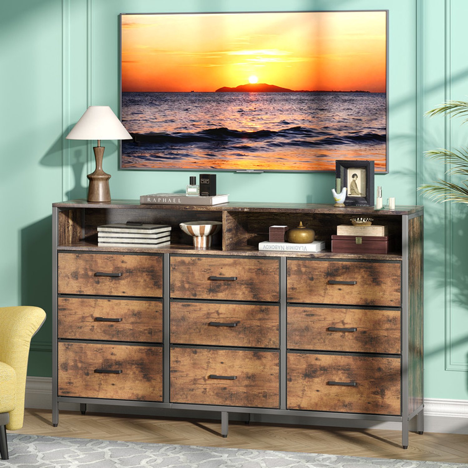 LEADZM Ladekast met 9 lades - Bruin;Zwart - 140 x 30 x 87 cm - stof, metalen frame