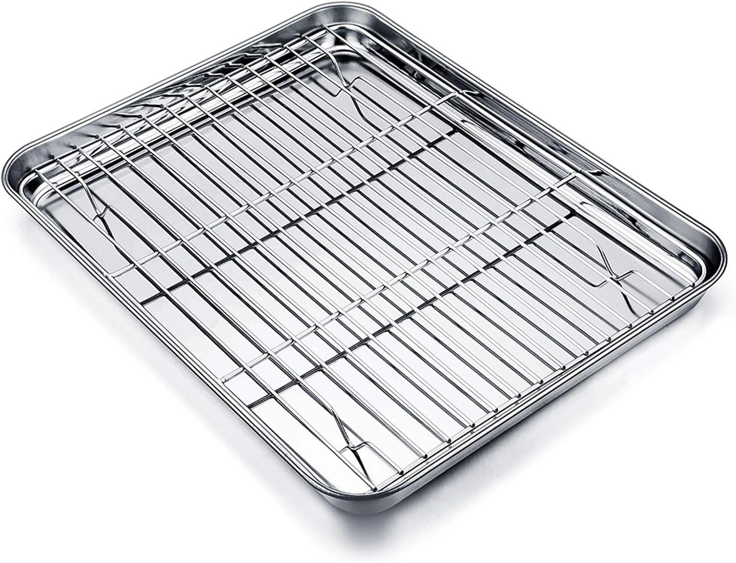 Baking tray met koelingsrek van roestvrij staal, kleine bakpan, mini bakschotel en taartrek, 26.5 x 20.5 x 1 cm, duurzaam, eenvoudig schoon te maken en perfect voor gezonde gerechten