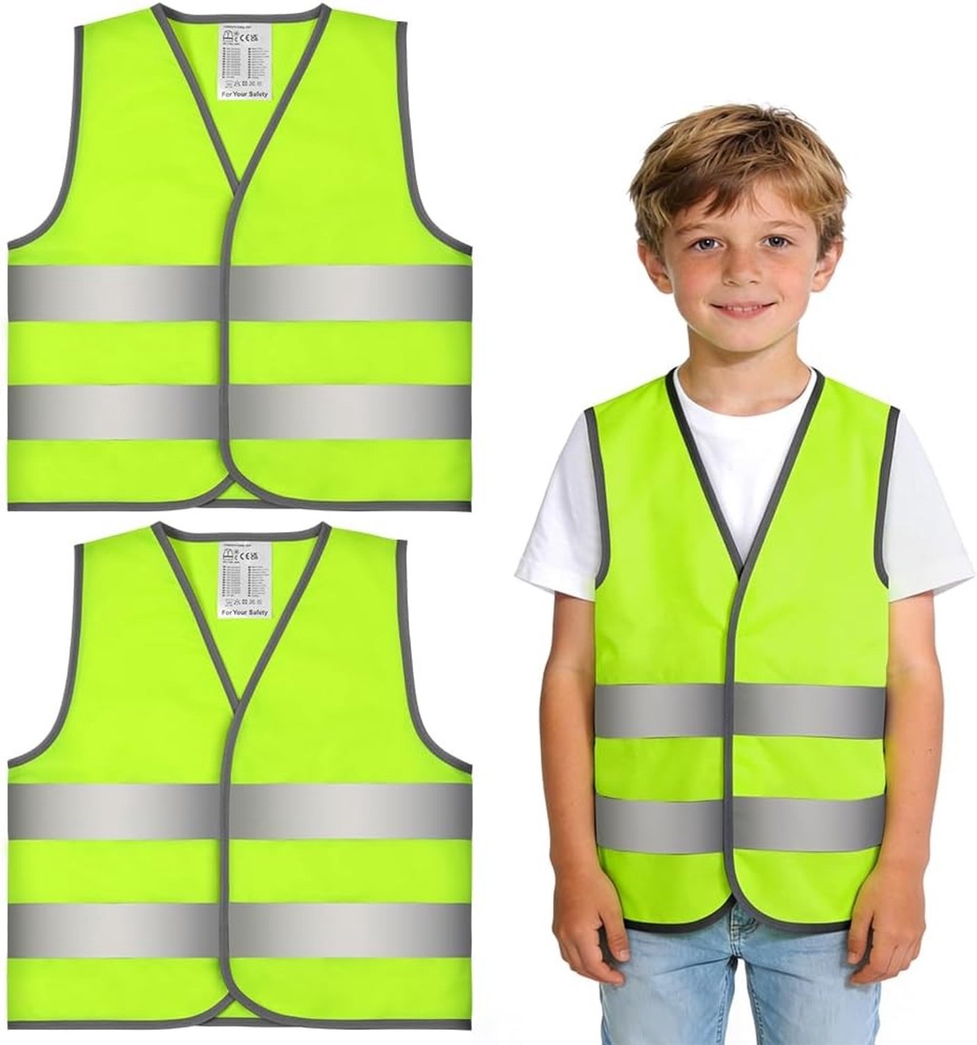 Veilige Kindervesten 2-Pack met 360° Reflecterende Strepen voor Fietsen, School en Sportactiviteiten (Geel, XL)