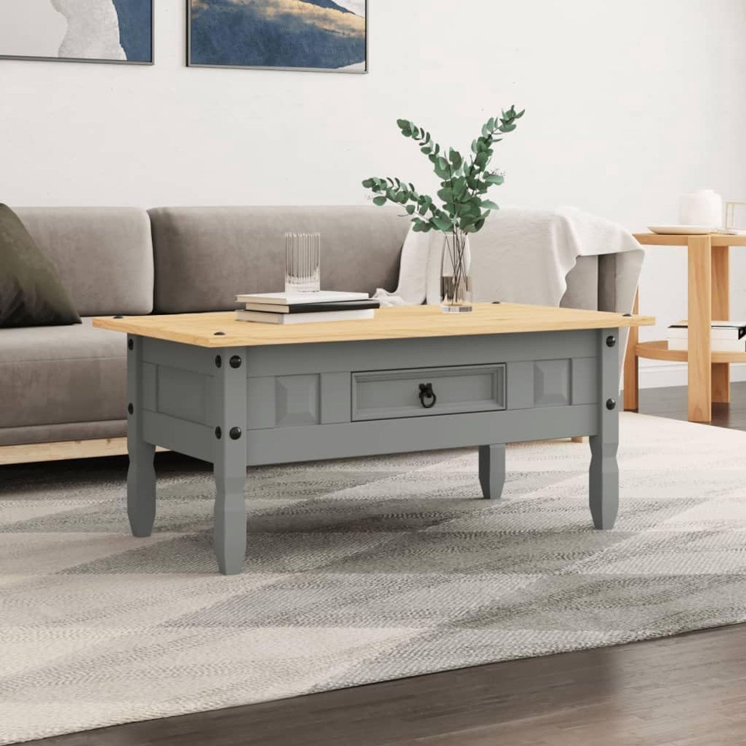 Salontafel Mexico-stijl van grenenhout grijs 100 x 55 x 44 cm met lade voor opslag rustieke bijzettafel woonkamertafel massief grenenhout gewaxt robuust