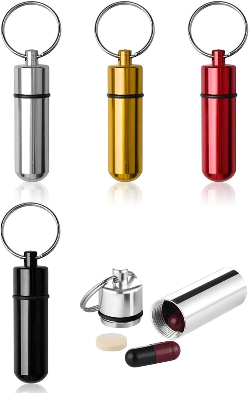 Pillendoos Sleutelhanger Set van 4, Waterdichte Aluminium Pillenhouder, Mini Organizer voor Camping, Hiking en Reizen met 4 Kleuren