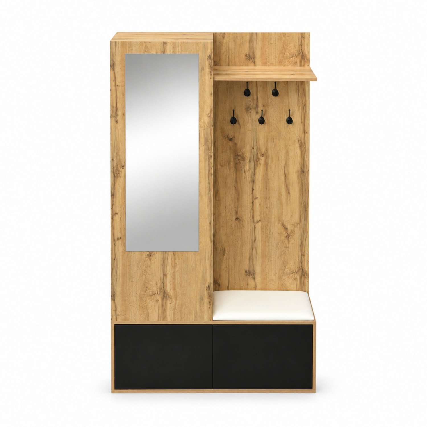 LONG DRAGON - Schoenenkast met zitbank, spiegel en kapstok - Zwart/Naturel - 100 x 38 x 191 cm