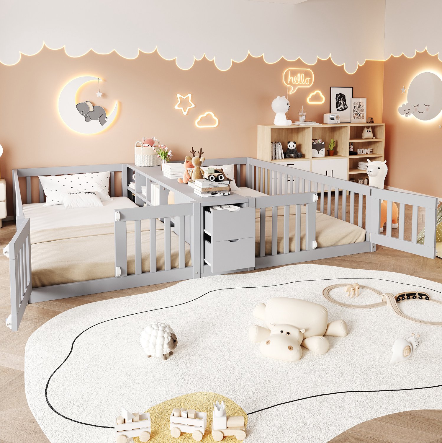 Maisentiel Kinderbed met 2 slaapplaatsen van 90 x 200 cm, opbergruimte en veiligheidshekjes - grijs