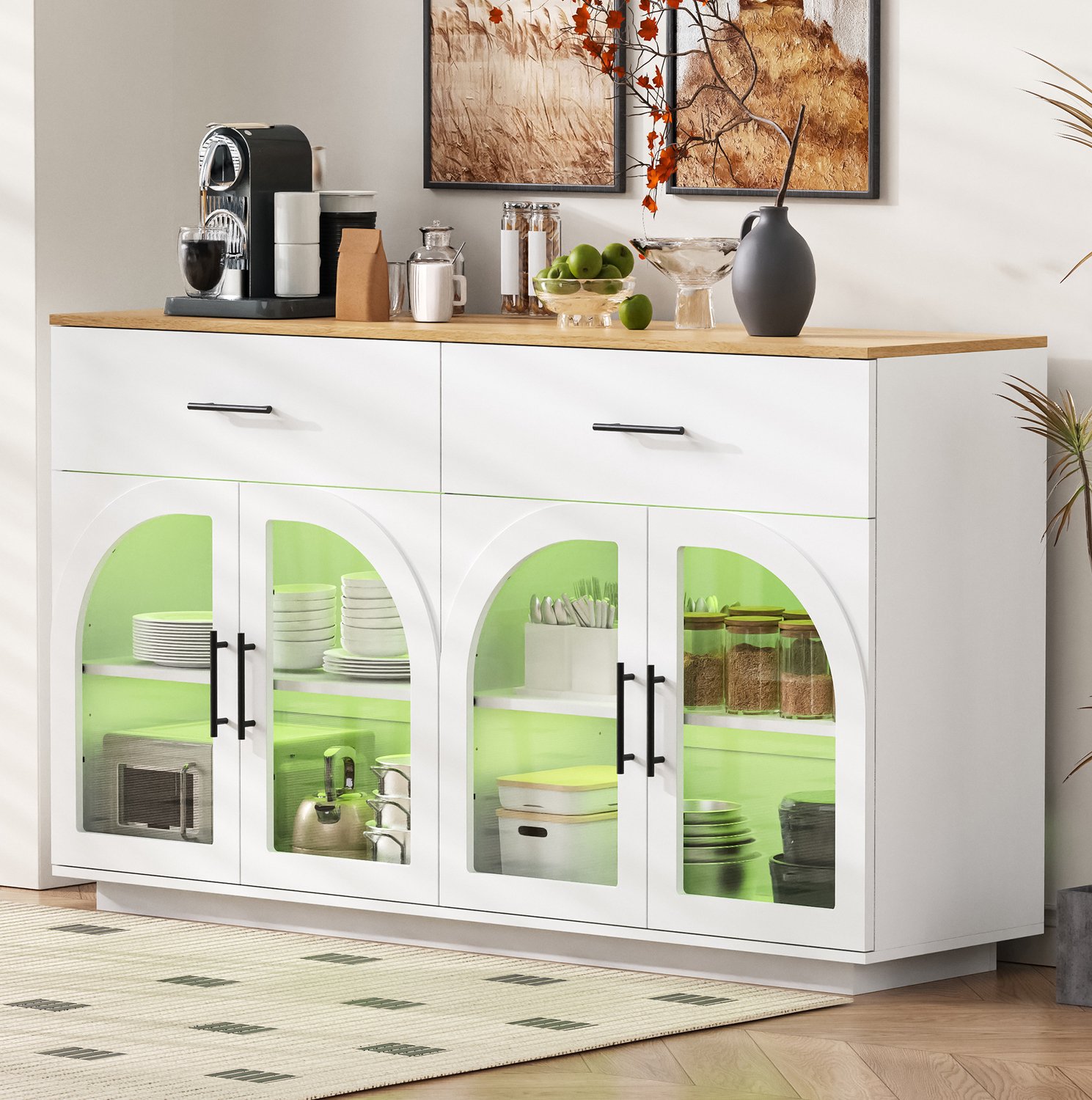 DESMIU Keukenkast - Ledverlichting en Werkblad - 2 Lades en 4 Deuren voor Keuken en Eetkamer - MDF en Spaanplaat - Wit en Naturel - 147x40x86 cm Wit, naturel