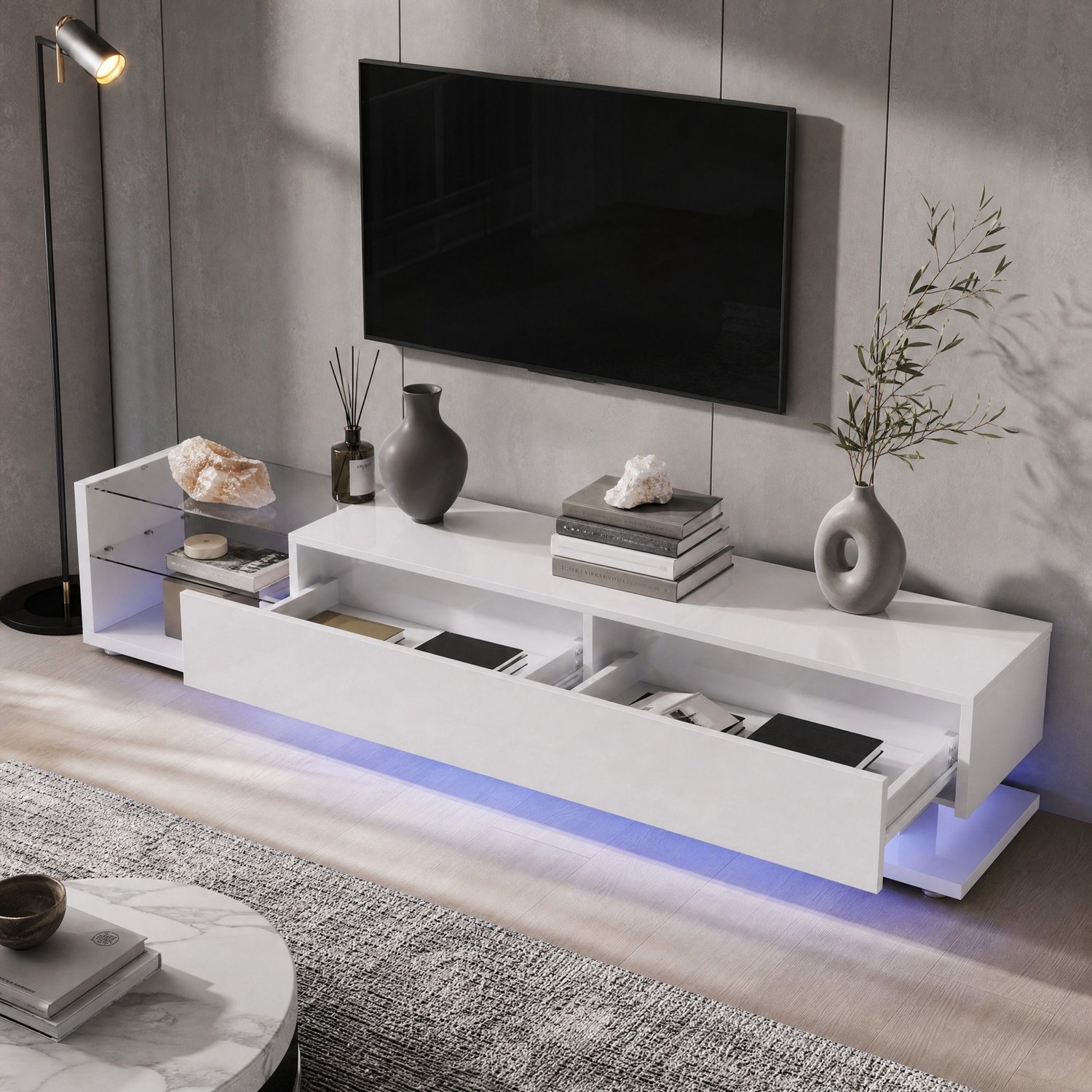 Maisentiel Tv-meubel wit hoogglans 170 cm met 2 lades, glazen legplanken en ledverlichting