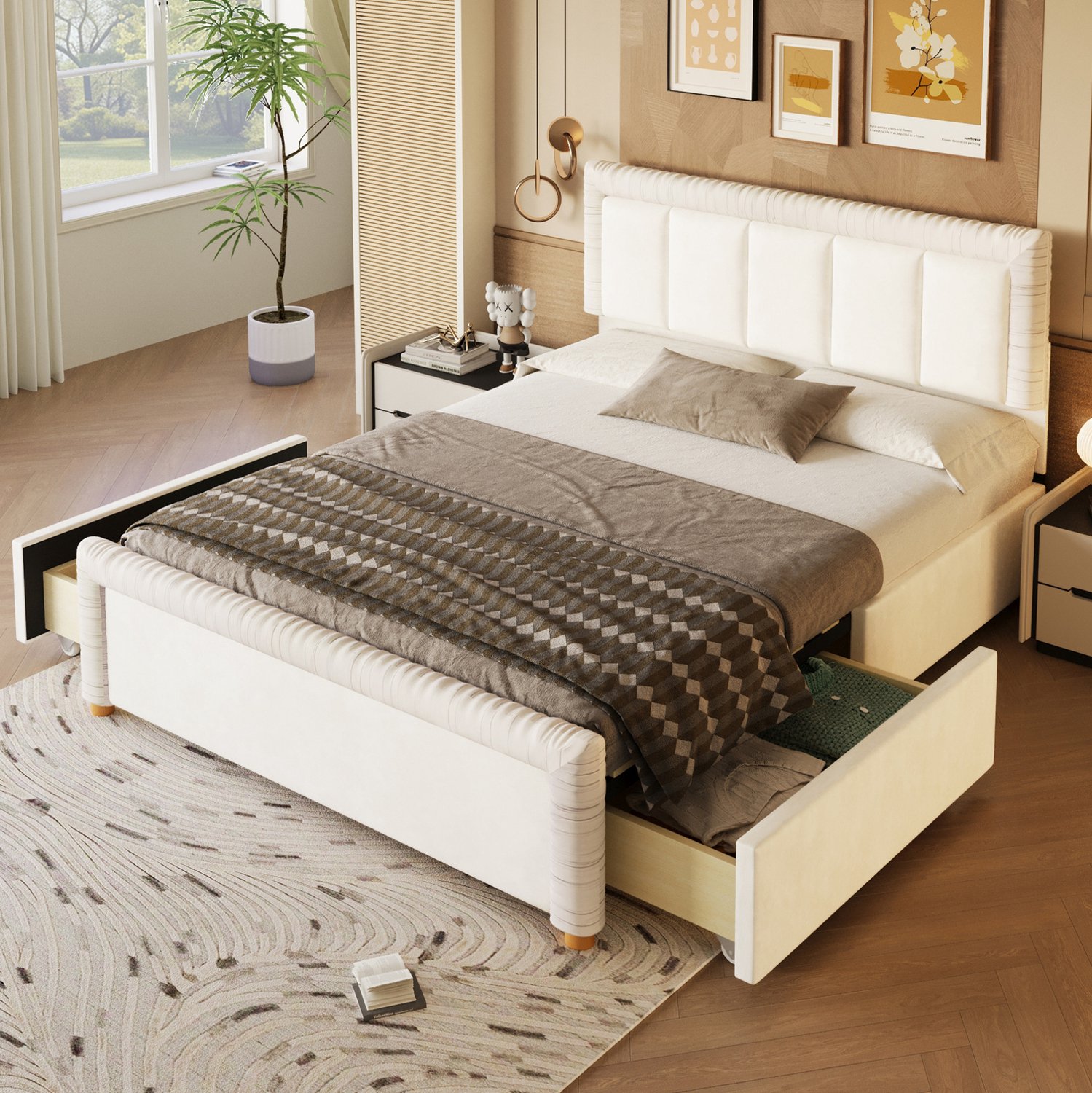 MODFU Gestoffeerd Bed - 2 Lades - Verticaal Gestikt - Fluweel - Beige - 140 X 200 Cm