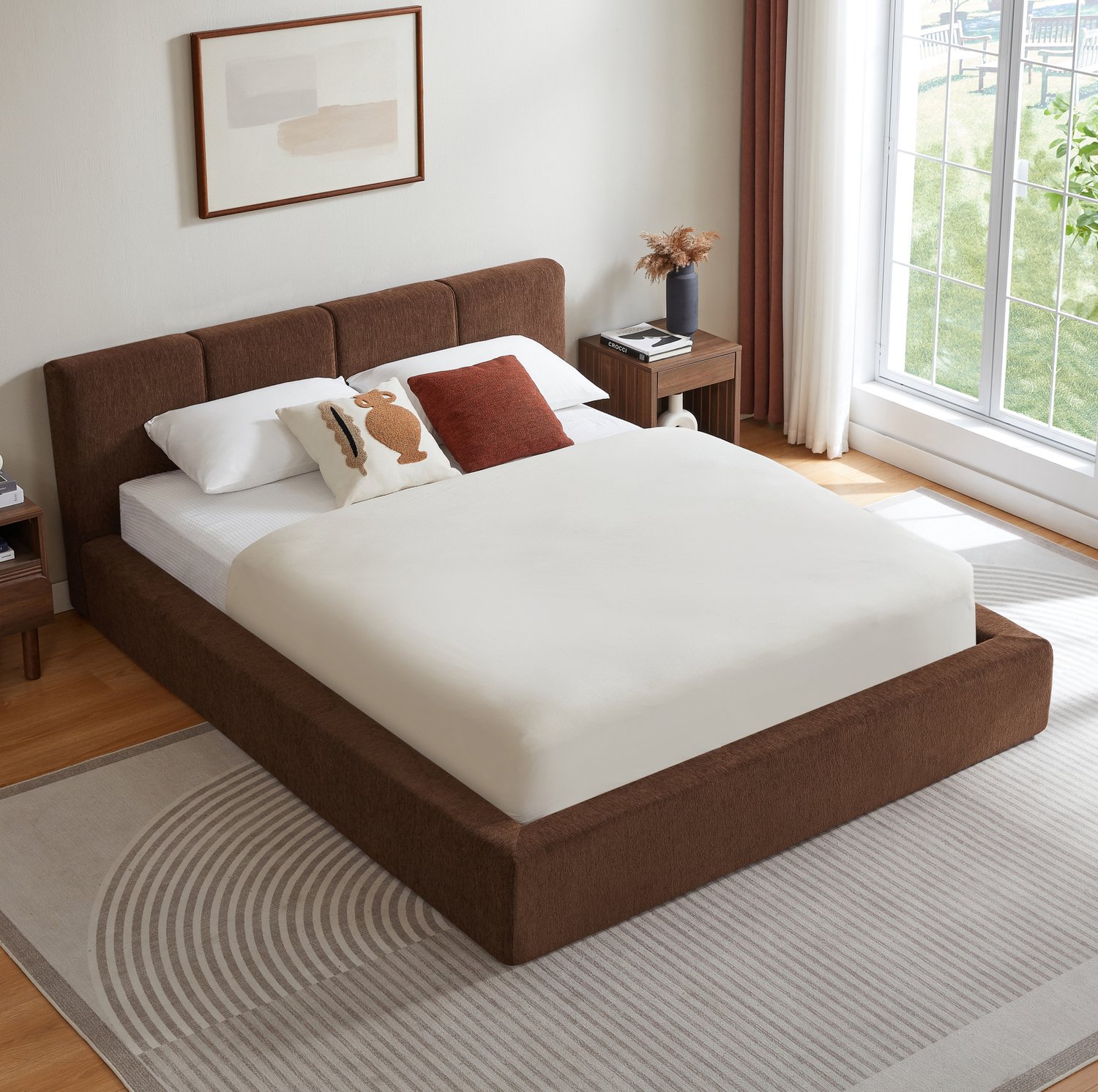 Wishdor Tweepersoonsbed 160x200 cm - Gestoffeerd hoofdbord - Versterkt stalen frame en lattenbodem - Zonder boxspring - Minimalistisch ontwerp - Slaapkamer - Schuim en stof - Bruin