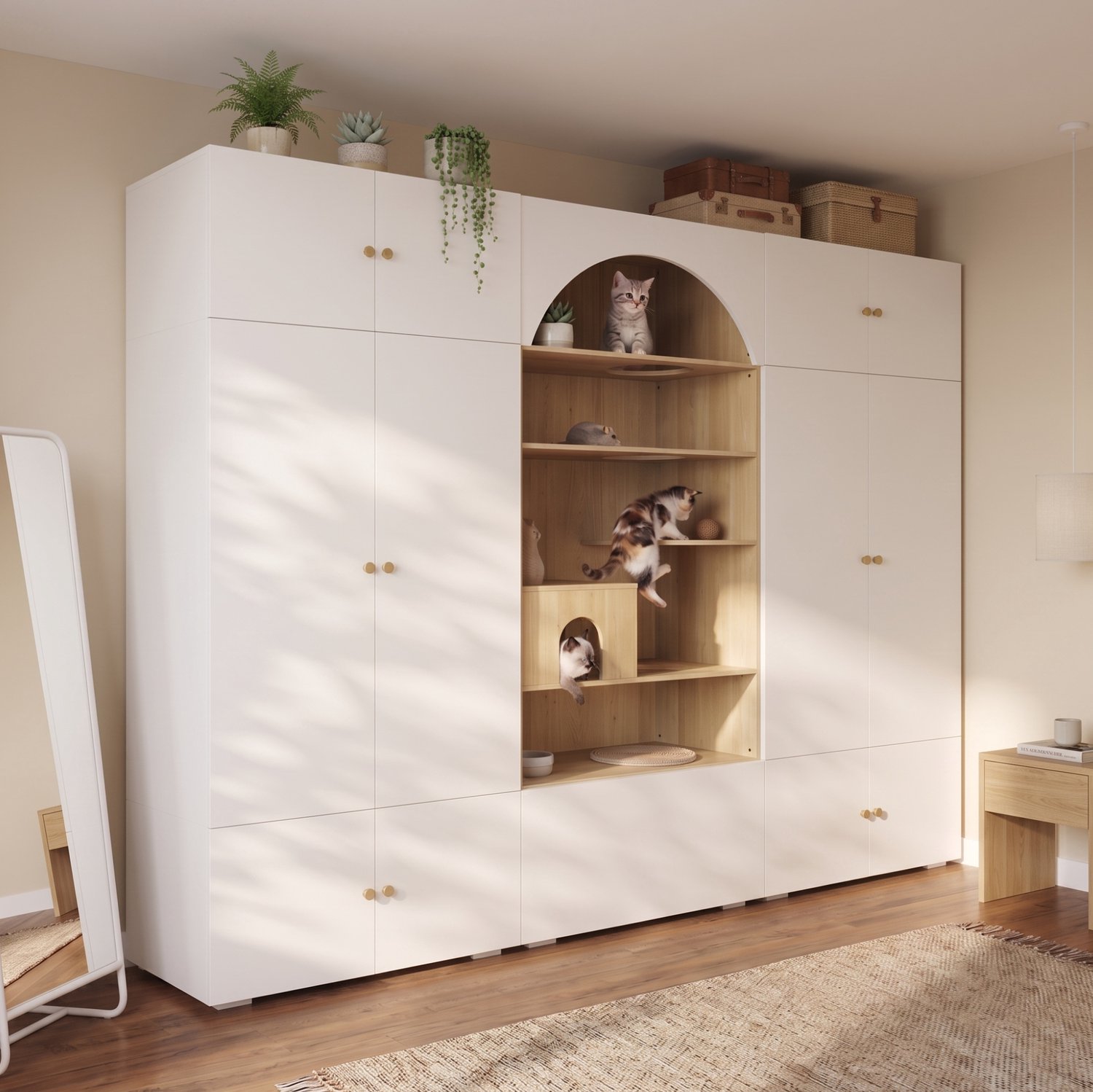 REDOM Kledingkast 270x50x200 cm - Met kattenklimwand, 12 opbergvakken en kledingroede - Wit/houtlook Wit en houtkleur