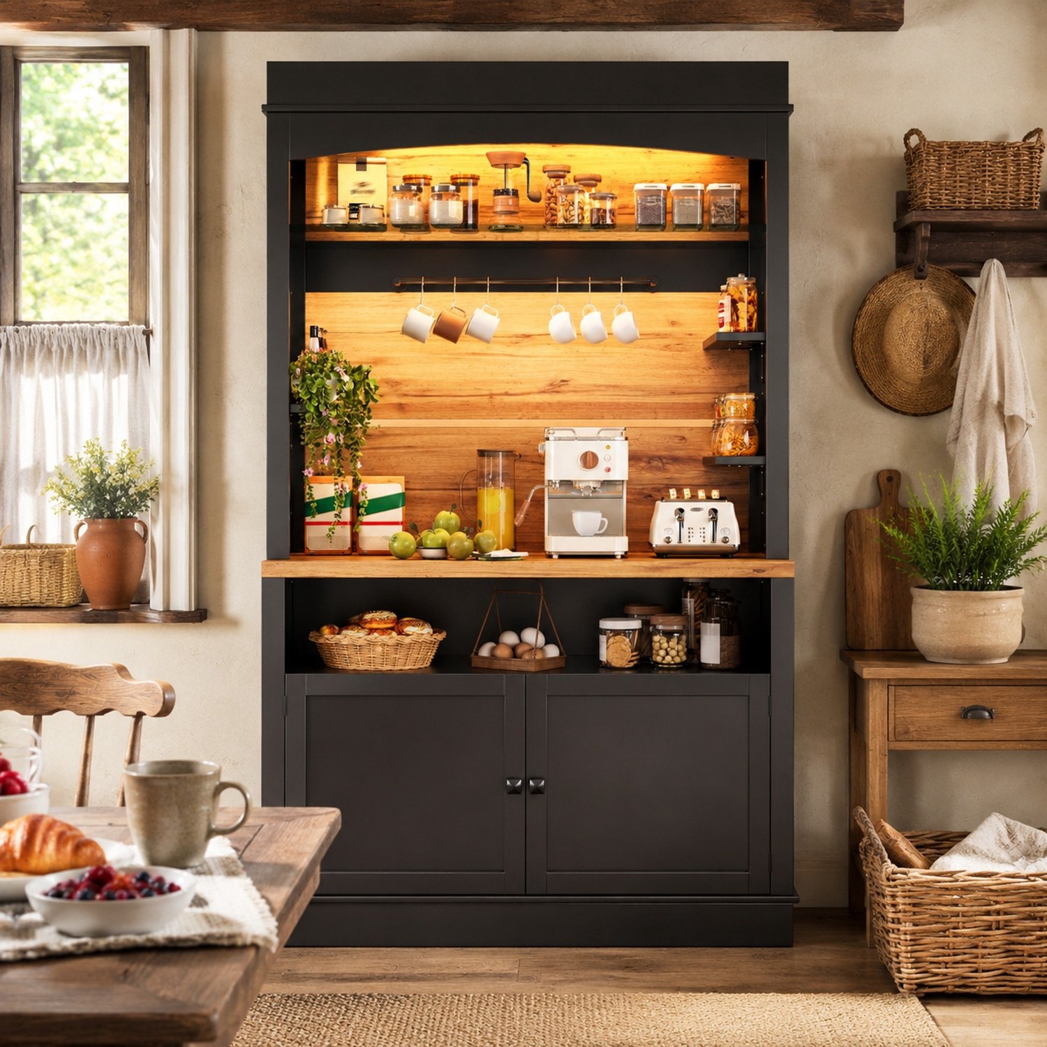 Maisentiel Hoge keukenkast met LED-verlichting en werkblad - 107 x 43 x 184 cm - zwart