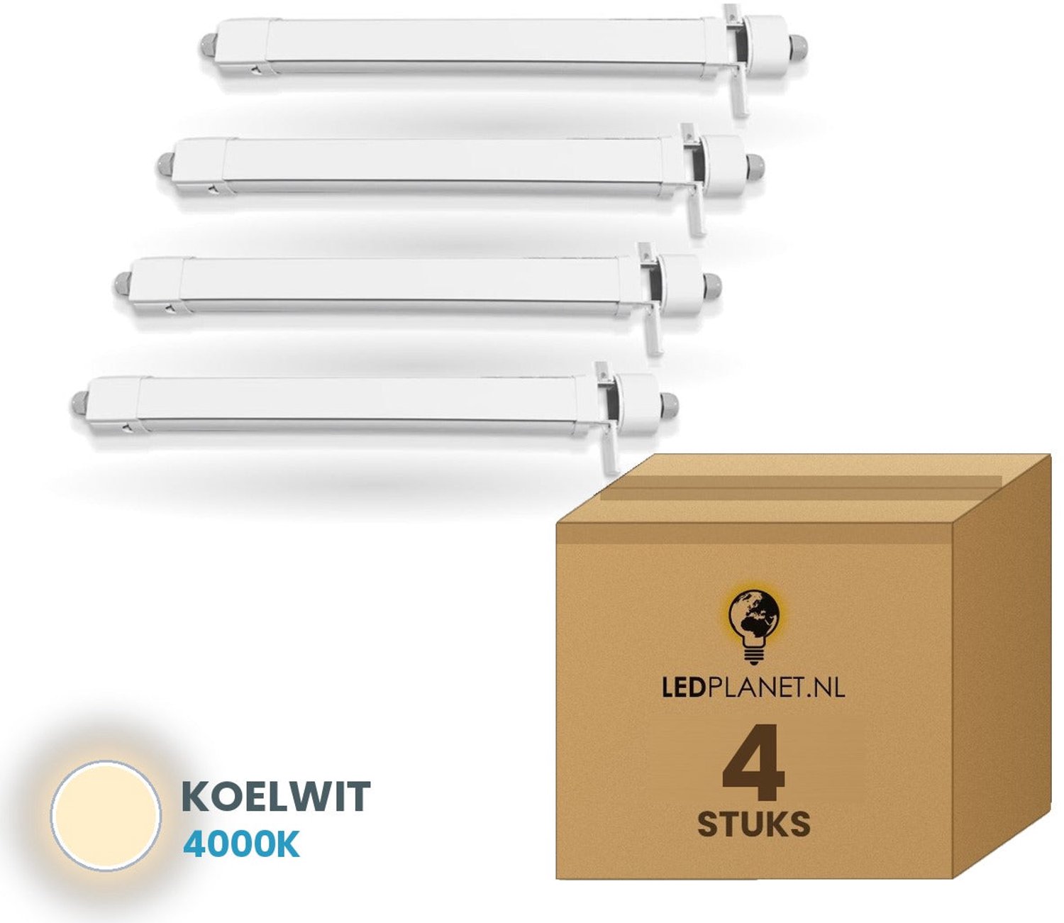 Tsong LED TL armatuur tri-proof 120 cm - 4 stuks - 36W - Koelwit 4000K - 5.400 lm - 150 lm/W - instelbaar 20-36W - koppelbaar - IP65 - IK08 - 230V