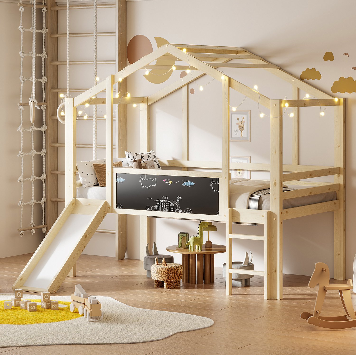Maisentiel Kinderhoogslaper 90 x 200 cm van hout met glijbaan, ladder en krijtbord Wit