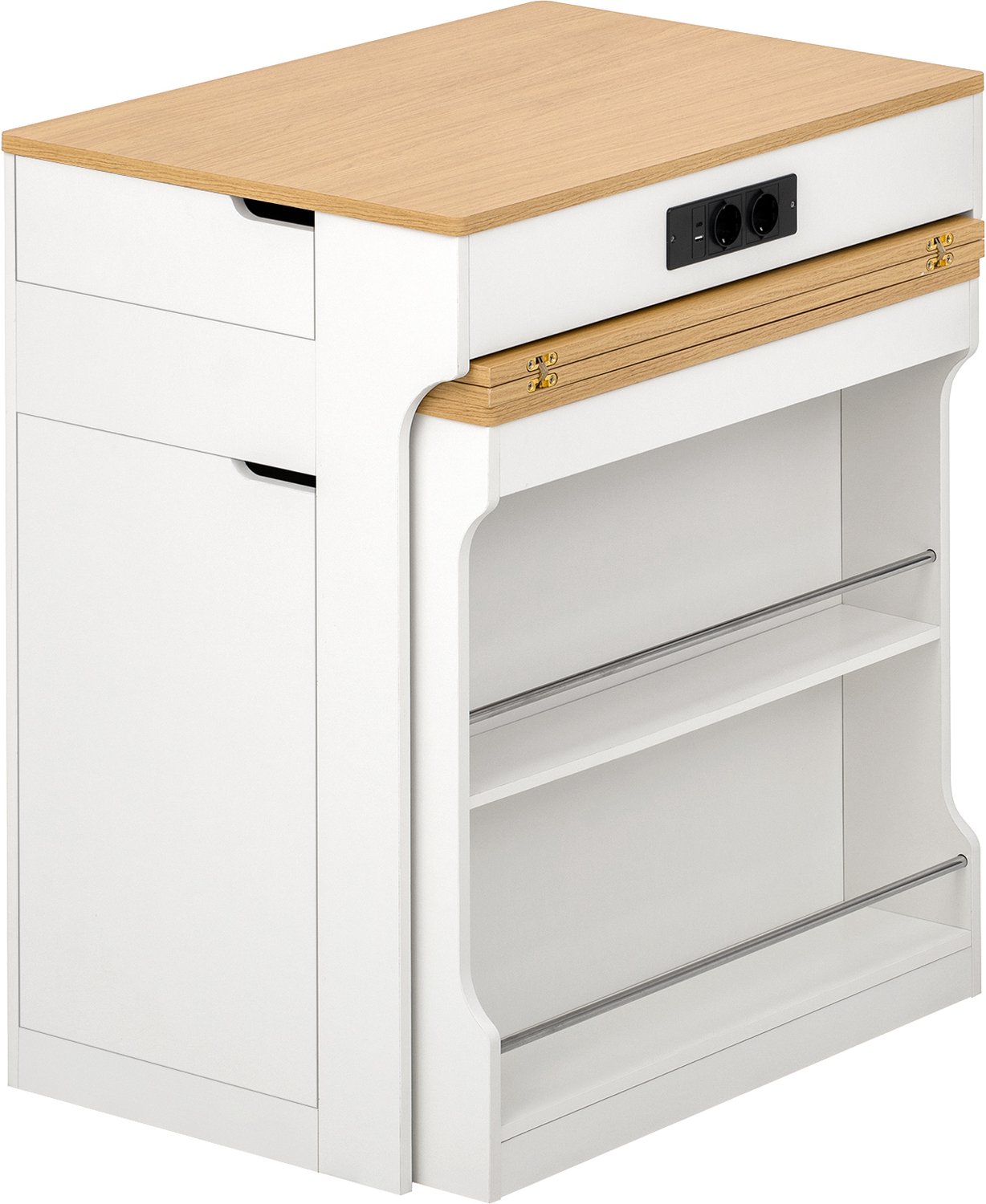 MUVANO Keukeneiland met uitschuifbare eettafel - Op wielen - Met stopcontacten en twee lades - Houtkleurig werkblad - Voor keuken en eetkamer - Wit