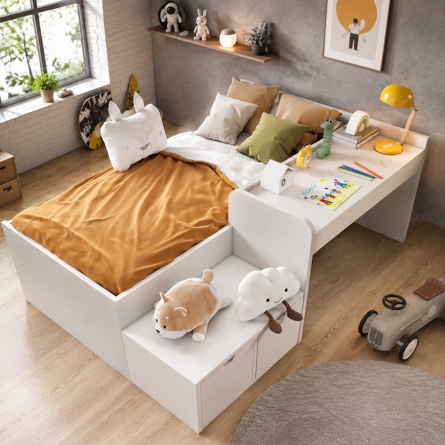 Maisentiel Kinderbed met bureau en 2 lades - 90 x 200 cm - wit - met lattenbodem
