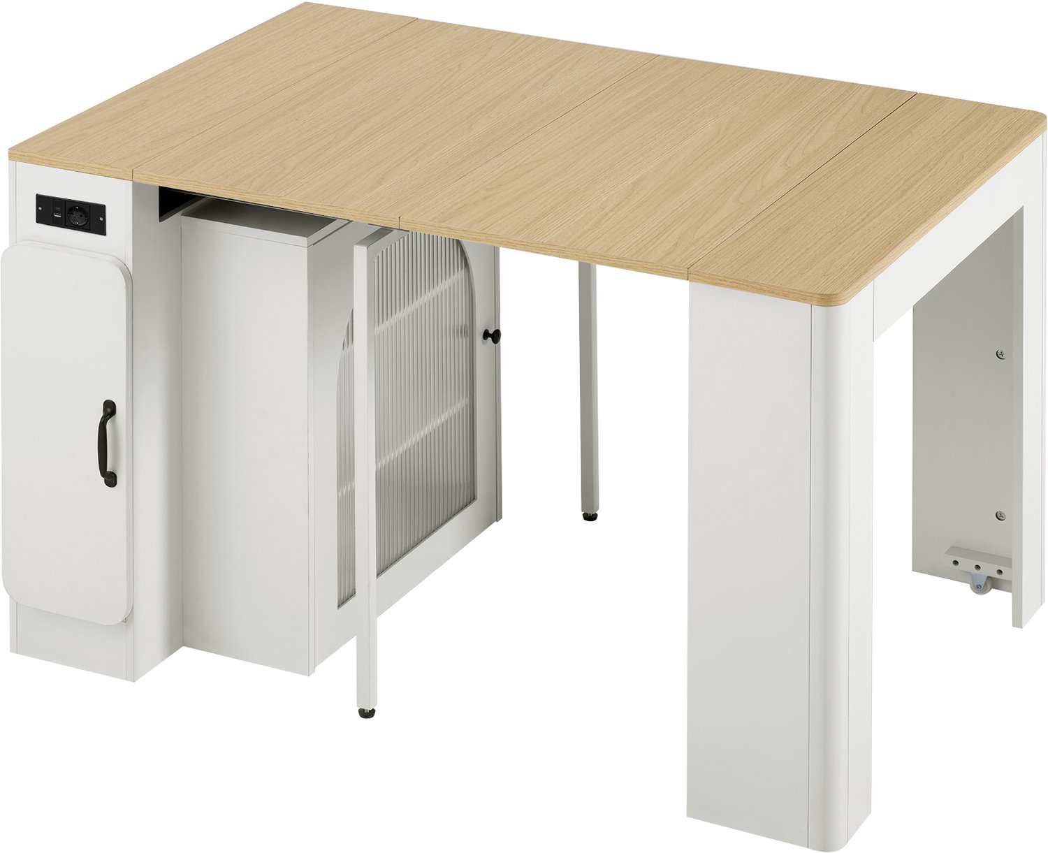 MUVANO Uitschuifbare eettafel met drie tafelbladen - Keukeneiland op wielen - USB en ledverlichting - 83 x 39,6–149,6 x 77 cm - Keuken - Wit/houtkleur