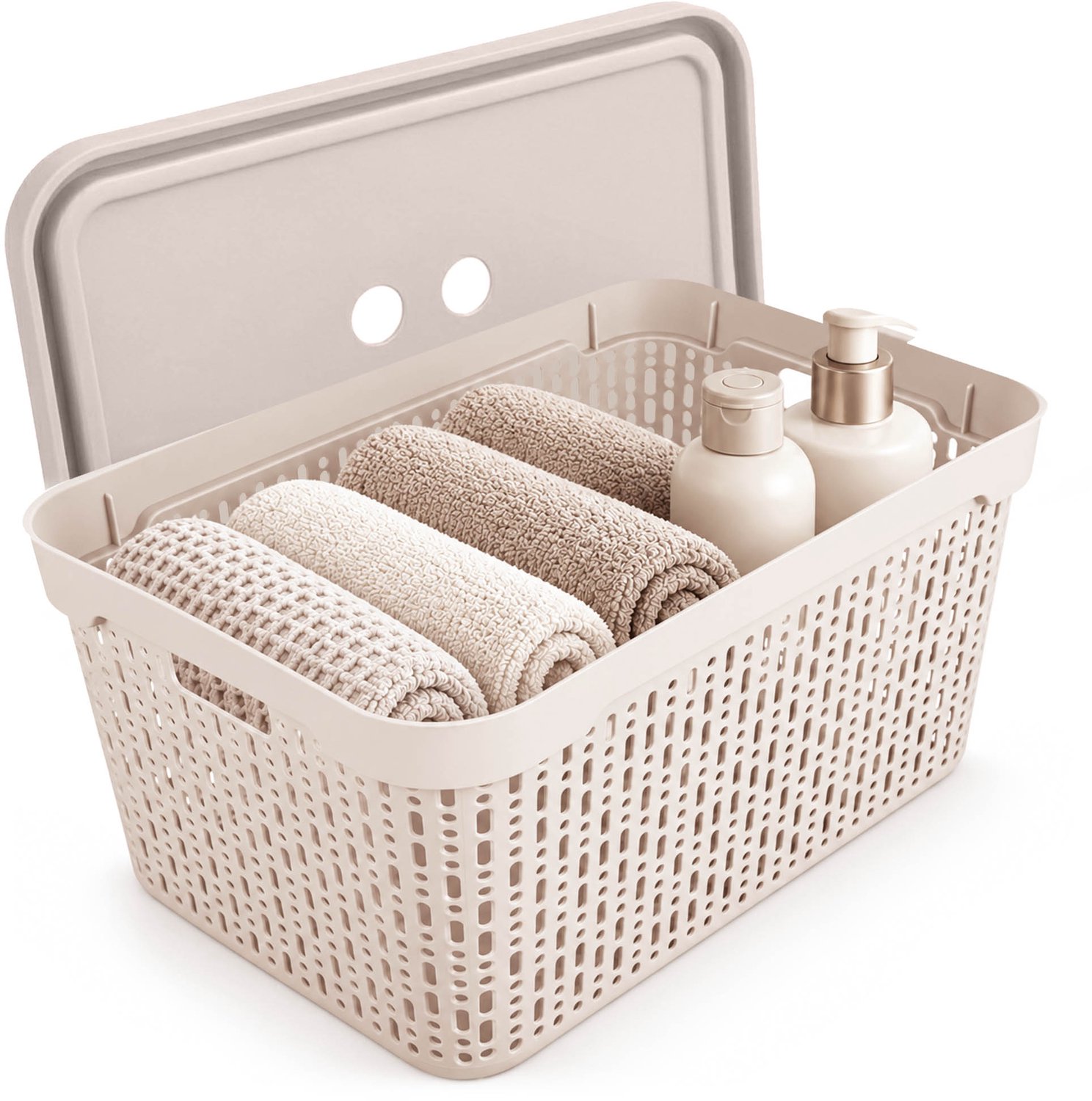 KADAX opbergbak met deksel, 40 x 30 x 20 cm, opbergmand, stapelbare kunststof bak, opbergbak van kunststof, opbergbak voor plank en kast, beige
