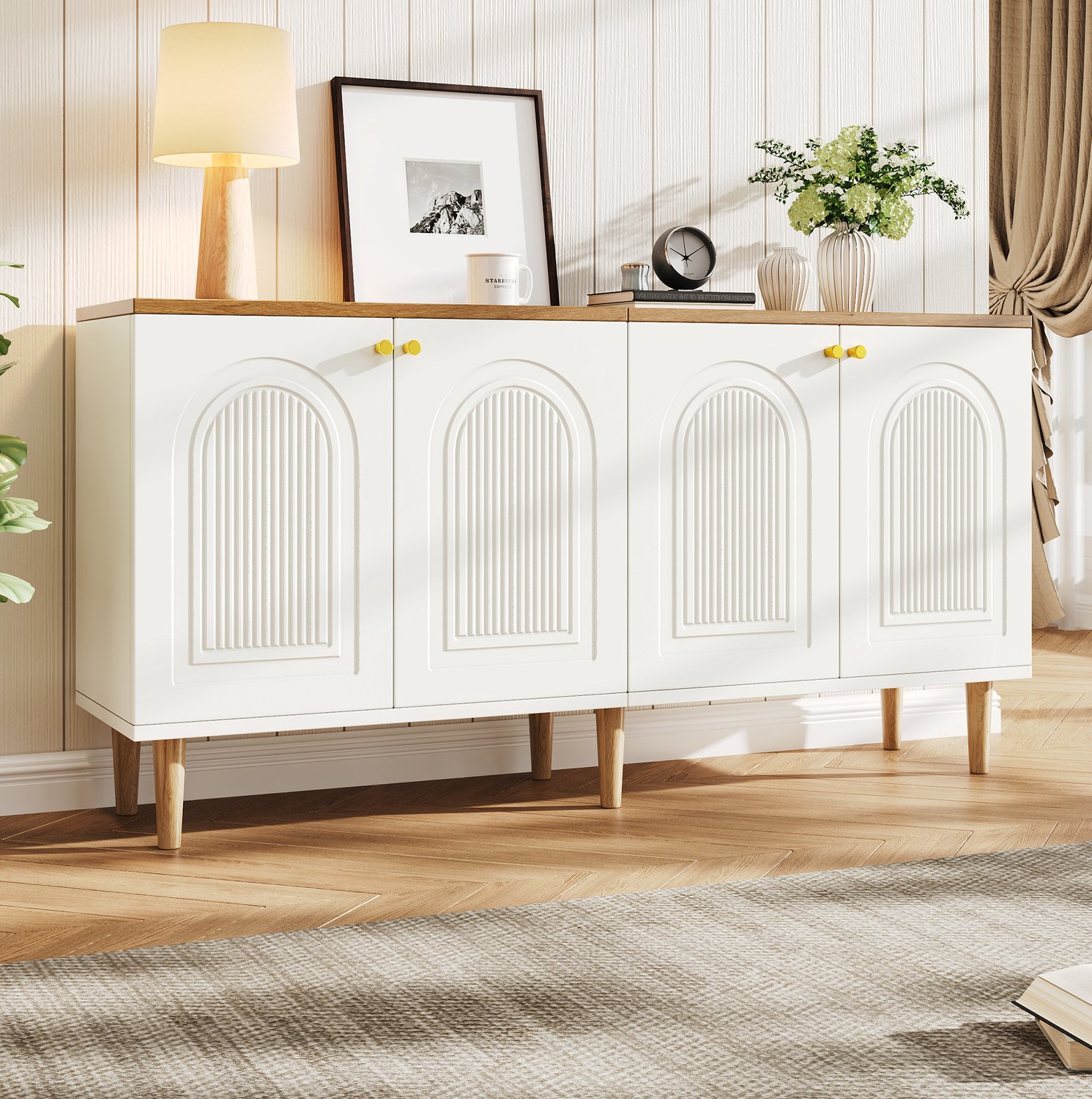 FloraGrace Dressoir - Vier Deuren met Reliëf - Voor Woonkamer, Eetkamer en Hal - MDF en Spaanplaat - Wit en Houtkleur - 140x35x71 cm Wit, houtkleur