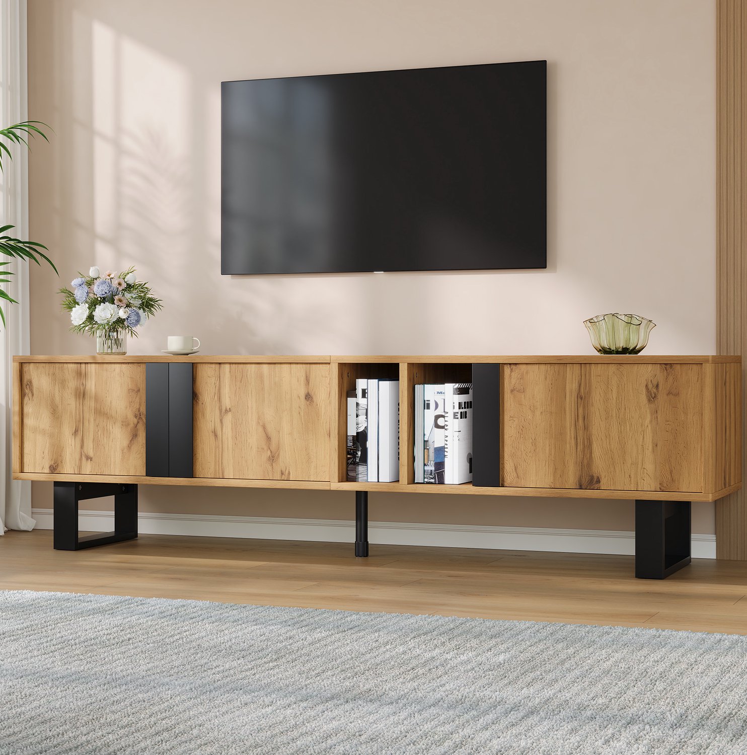 Maisentiel Tv-meubel 160 cm - naturel houtlook - 3 deuren, open vakken en kabeldoorvoer
