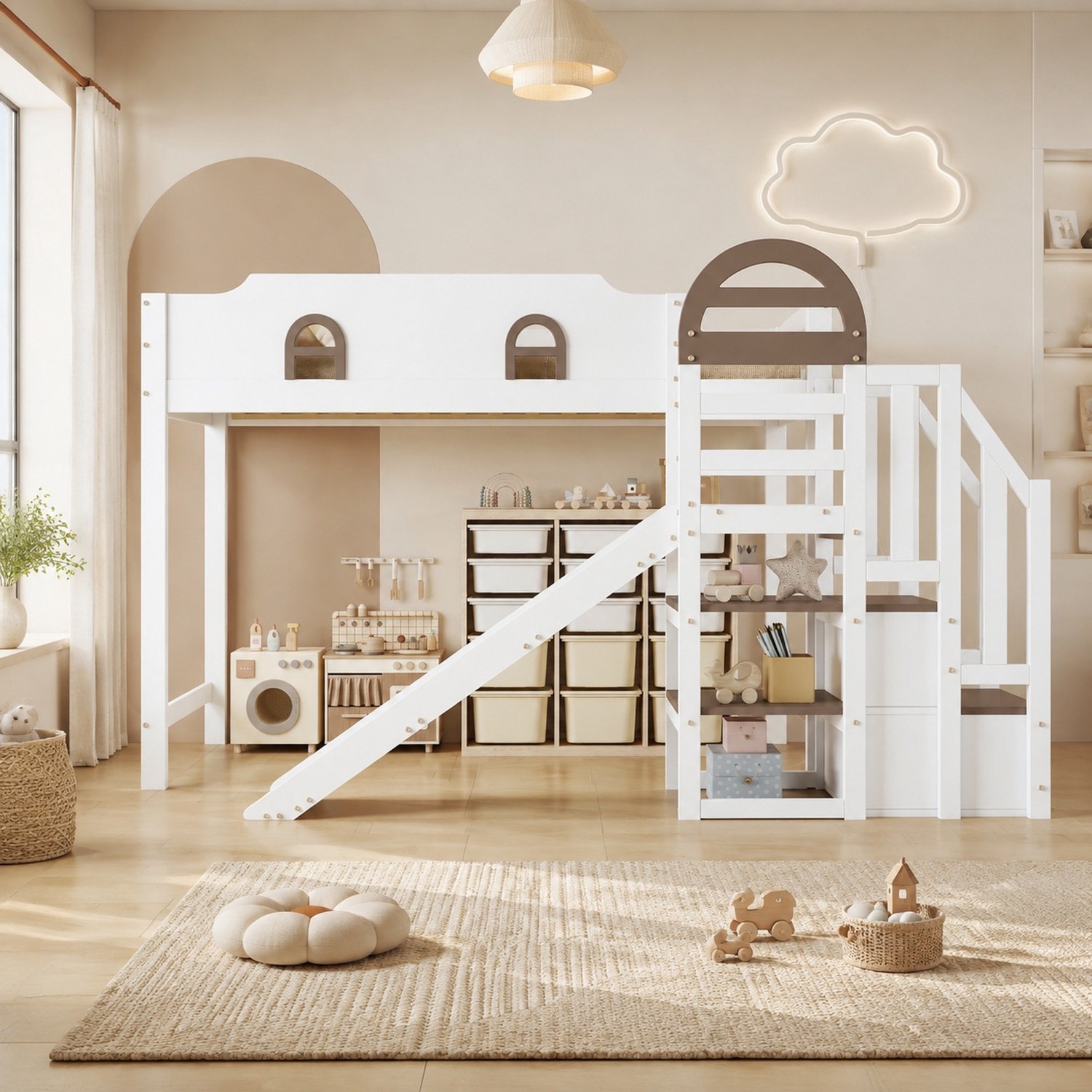Maisentiel Kinderstapelbed 90 x 200 cm met glijbaan, opbergtrap en ramen - wit
