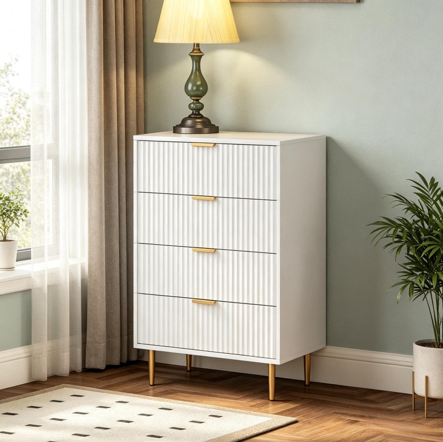 REDOM Ladekast 60 x 40 x 96 cm - 4 lades met goudkleurige handgrepen en poten - Wit