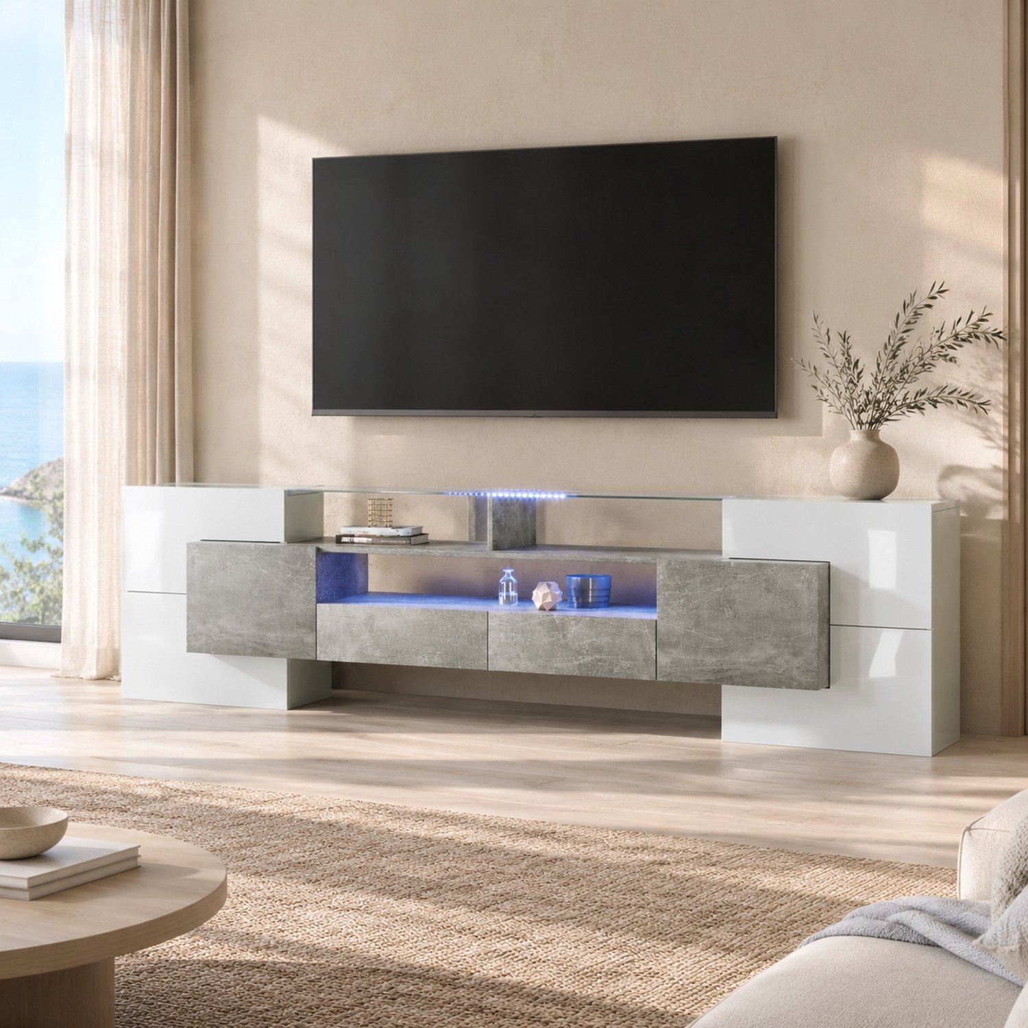 Maisentiel Tv-meubel 200 cm - hoogglans wit en betonkleur - met ledverlichting en opbergruimte Hoogglanswit en betonlook grijs