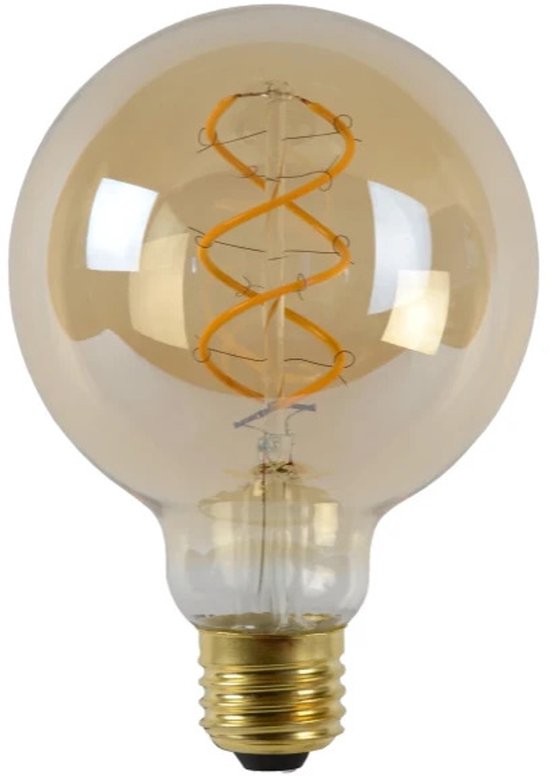 Amberkleurige bolvormige ledlamp met spiraalvormige gloeidraad en gouden E27-fitting.