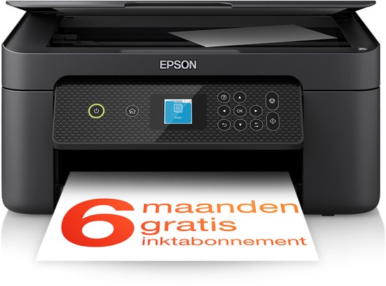 Zwarte Epson printer met een uitgeprinte pagina: 6 maanden gratis inktabonnement.
