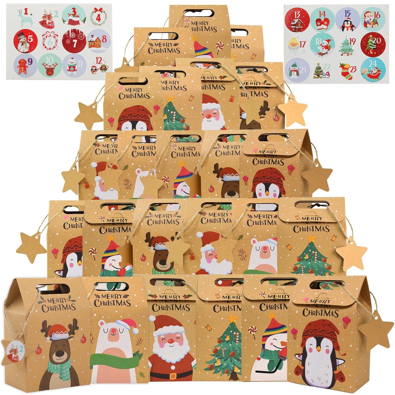 24 Stuks Kraft Papieren Cadeautasjes met Stickers voor Feestjes