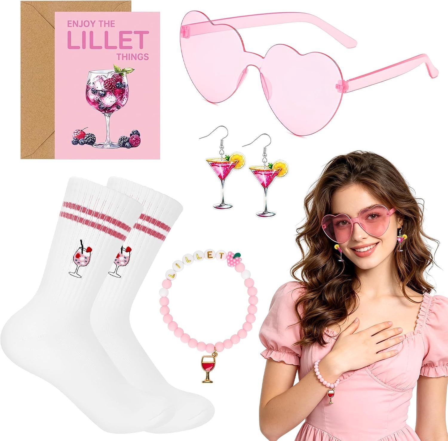 Vrouwelijk Kostuum voor Feestjes met Wijnaccessoires, Armbanden, Oorbellen, Kaarten en Sokken voor een Mallorca Party Outfit