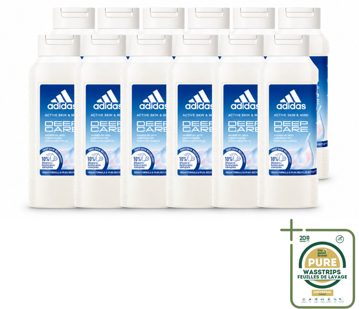 12 x Adidas – Douchegel – Active Skin & Mind Deep Care – 250 ml - Wasstrips - Douchegel Sport - Huid Verzorging - Hydraatatie Na Training - Gevoelige Huid - Vegan Douchegel