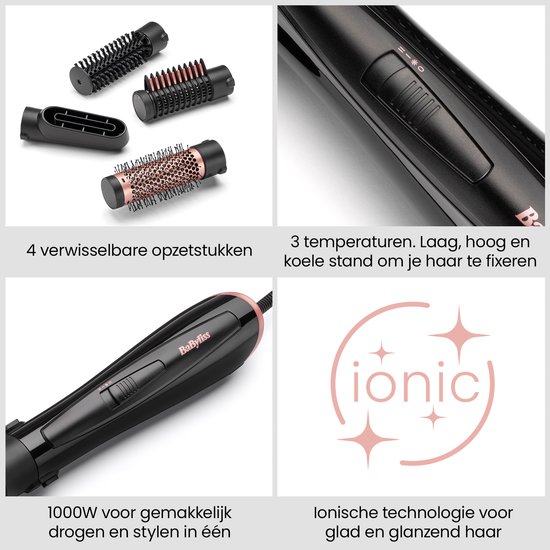 Aperçu des 4 têtes interchangeables, 3 réglages, puissance 1000W et technologie ionique.