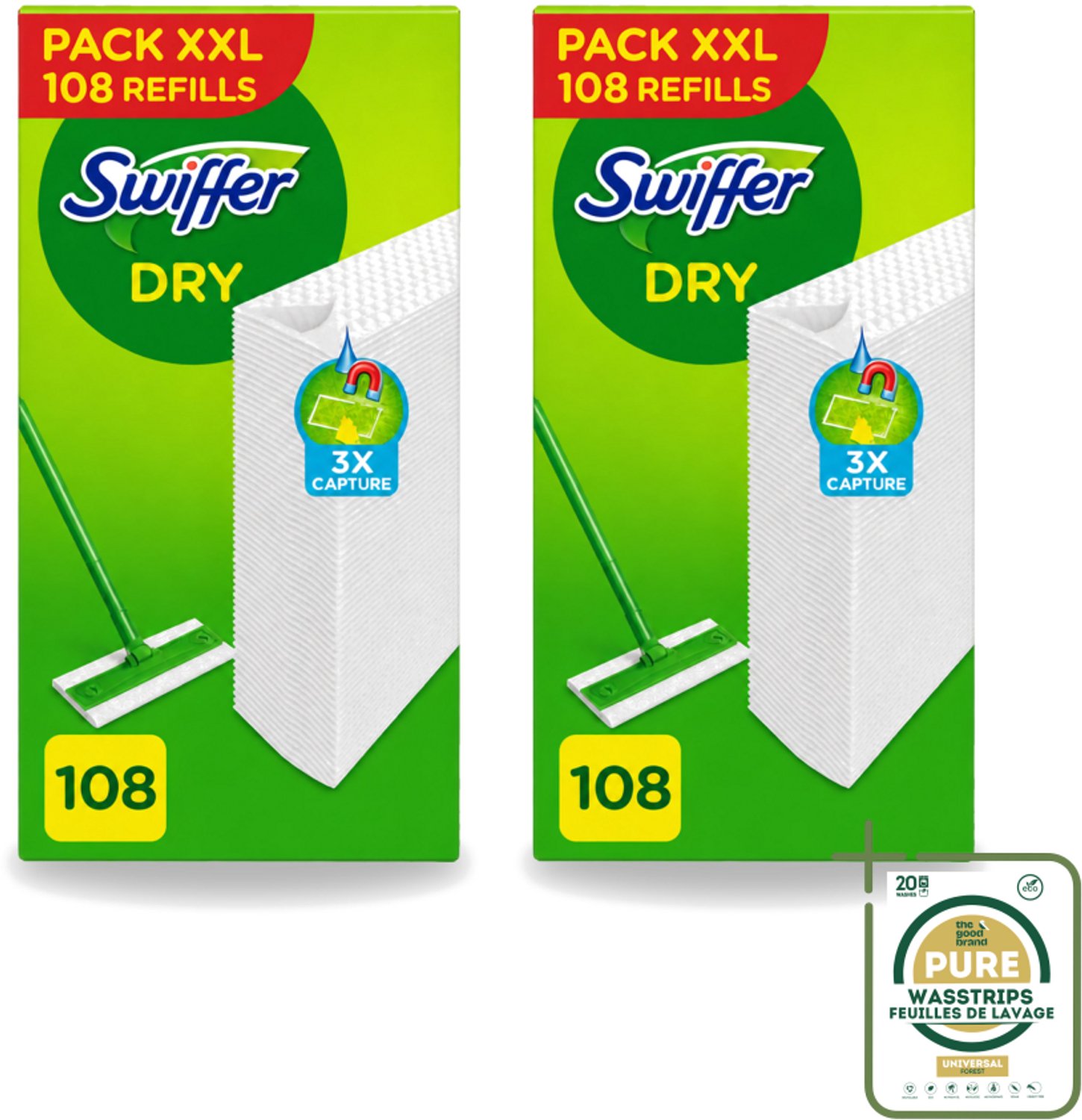 2 x Swiffer – Vloerdoekjes – Dry Navullingen – 108 doekjes - Wasstrips - Vloerdoekjes - Schoonmaken - Stofzuigen - Haren Verwijderen - Droge Vloerdoekjes
