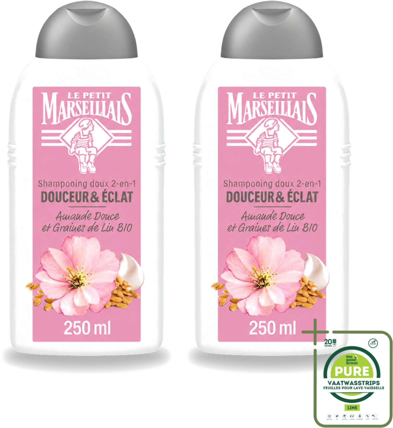 2 x Le Petit Marseillais – Shampoo – Amande Douce & Graines de Lin Bio – 250 ml - Grootverpakking - Vaatwasstrips - Shampoo Amande Douce - Shampoo Linzaad - Shampoo Bio - Shampoo Voor Fijn Haar - Shampoo Voor Normaal Haar