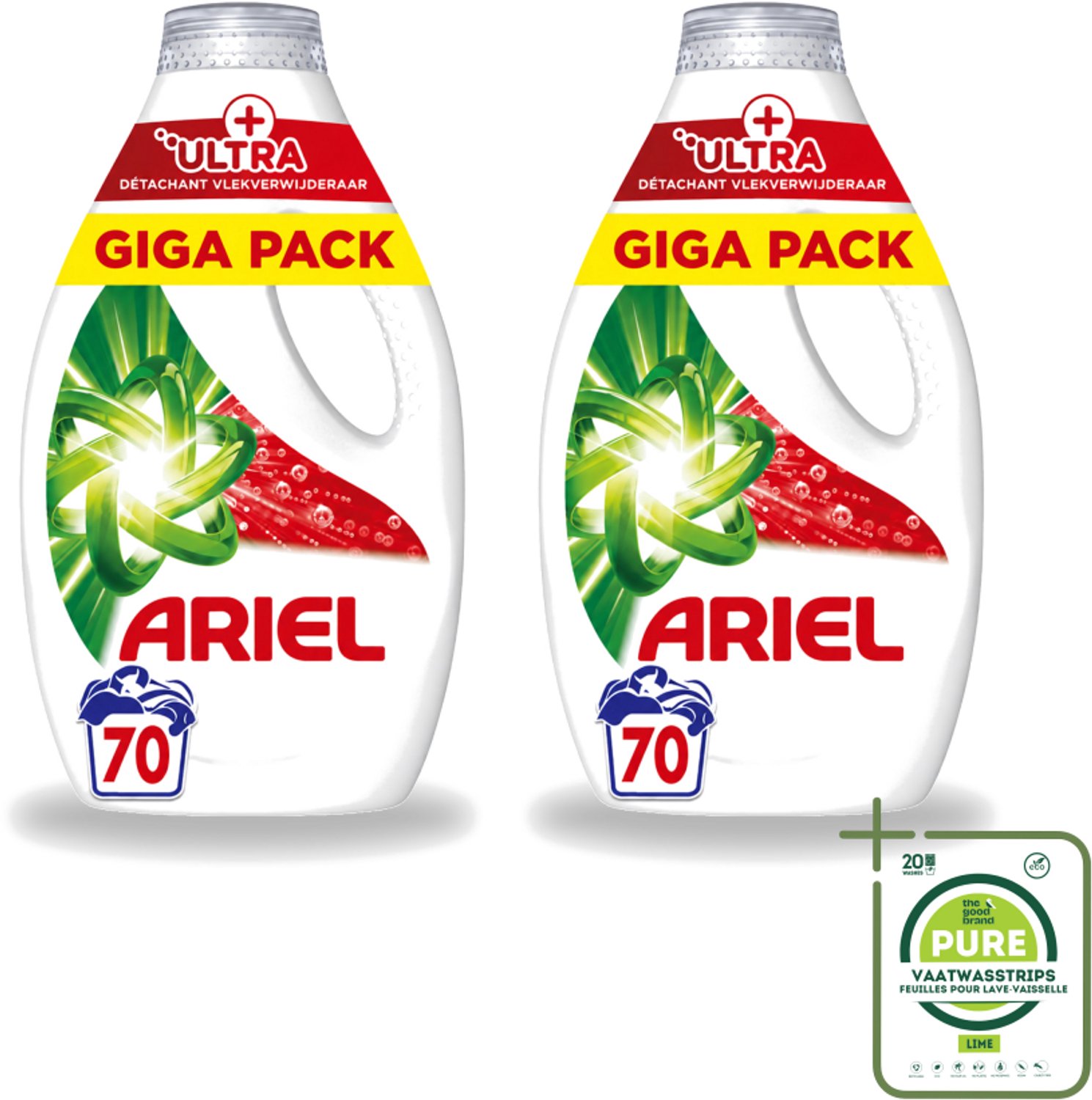 2 x Ariel – Vloeibaar Wasmiddel – Ultra Vlekverwijderaar – 3150 ml – 70 wasbeurten - Grootverpakking - Vaatwasstrips - Vlekverwijderaar - Wasmiddel - Enzymen - Koud Wassen - Ingedroogde Vlekken