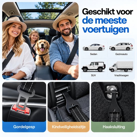 Zwarte hondengordel geschikt voor diverse voertuigen, te bevestigen via gordelgesp, Isofix of haak.