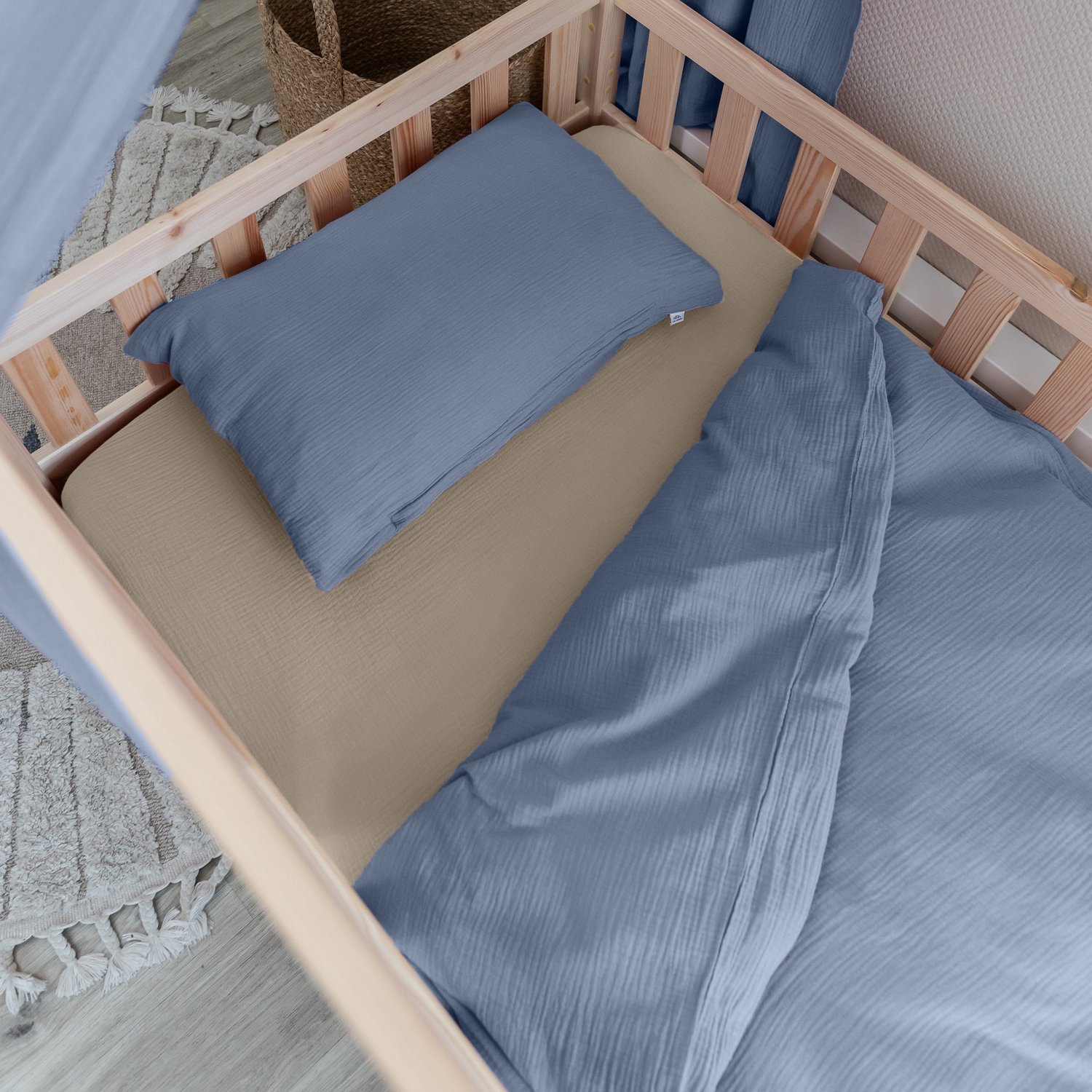 LILIMAUS Kinderdekbedovertrek 100 x 135 cm met kussensloop 40 x 60 cm - mousseline katoen - blauw
