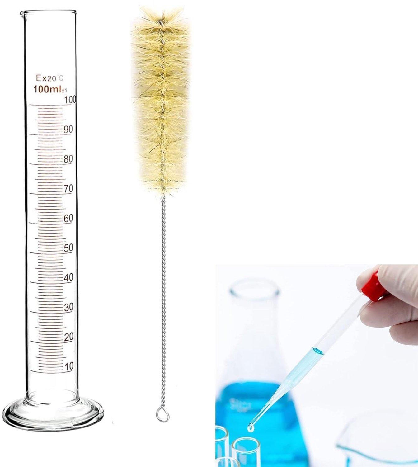 Meetcilinder 100 ml - Gegradueerde Glasmaatcilinder - Borosilicaatglas - Reinigingsborstel - Nauwkeurige Vloeistofmetingen - Hittebestendig - Maatcilinder