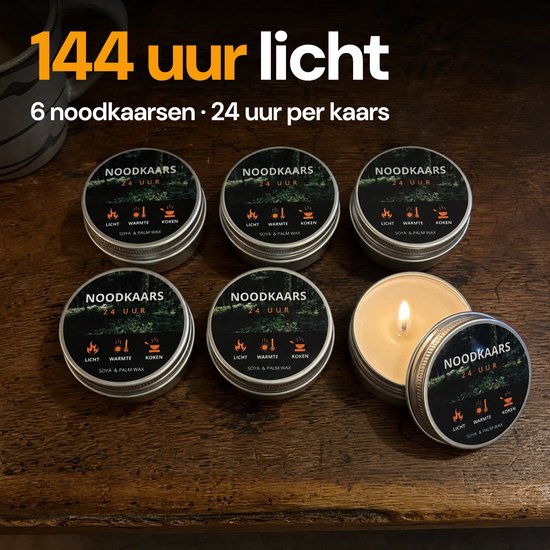 Zes noodkaarsen in metalen blikjes met labels voor licht, warmte en koken. Eén kaars brandt met zichtbare vlam.
