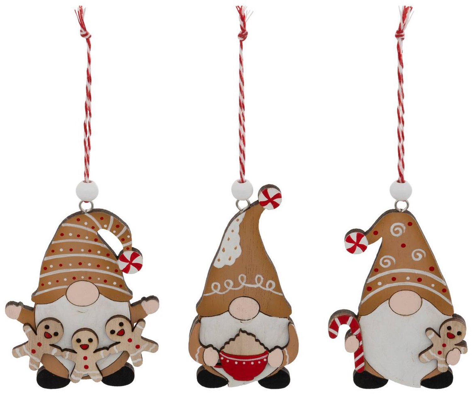 Feeric lights & Christmas Set van 3 houten kerstboomhangers in de vorm van een kabouter met kruiden, 10 cm Beige