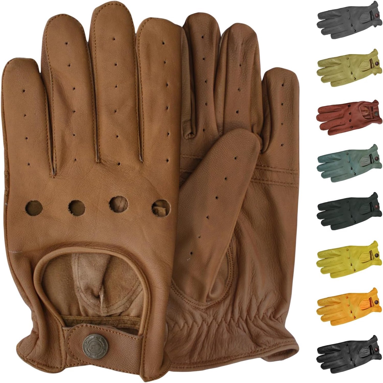 Leren Rijhandschoenen Heren - Nappa Leer, Perforatie, Drukknop