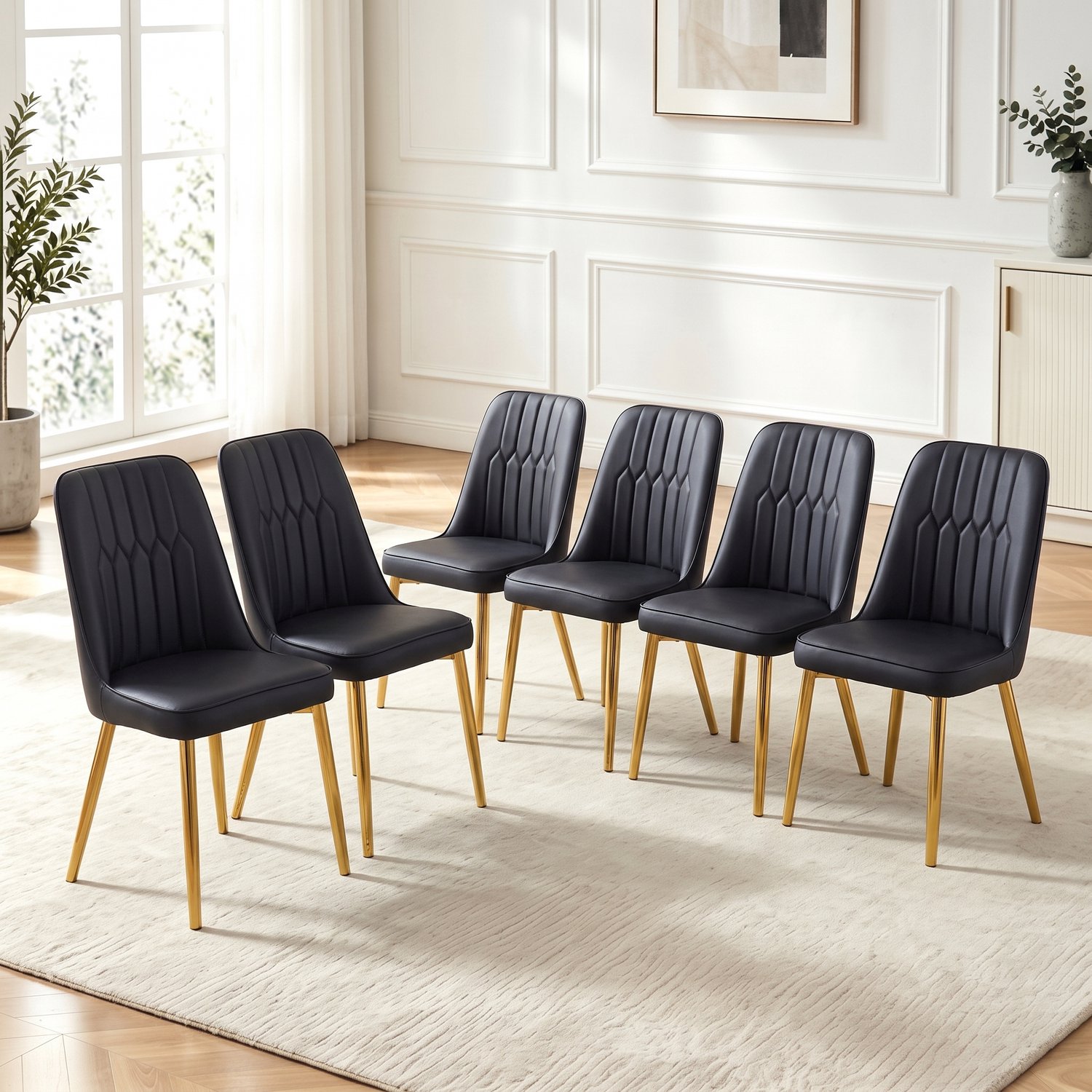 Clruro Eetkamerstoelen - Hoogte 89 cm - Set van 6 - Brede Zitting - Kunstleer/Metaal - Zwart Zwart+Goud