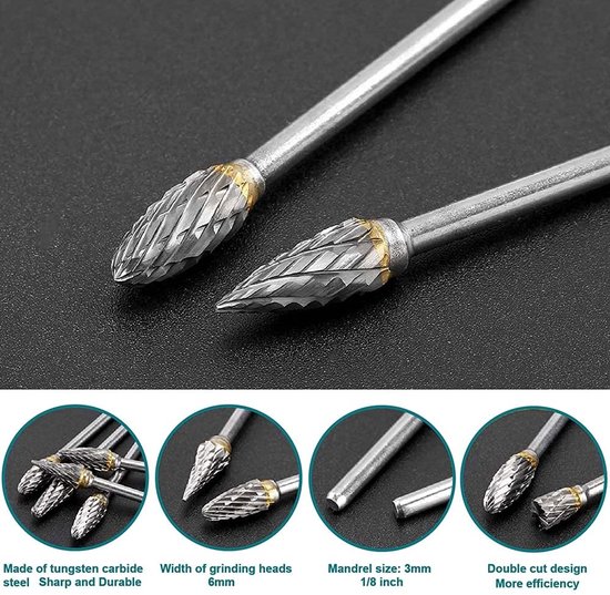 Set van 10 Dubbel Geslepen Tungsten Carbide Frezen voor Rotatietools, Geschikt voor Houtbewerking, Metaalbewerking en Graveren — afbeelding 2