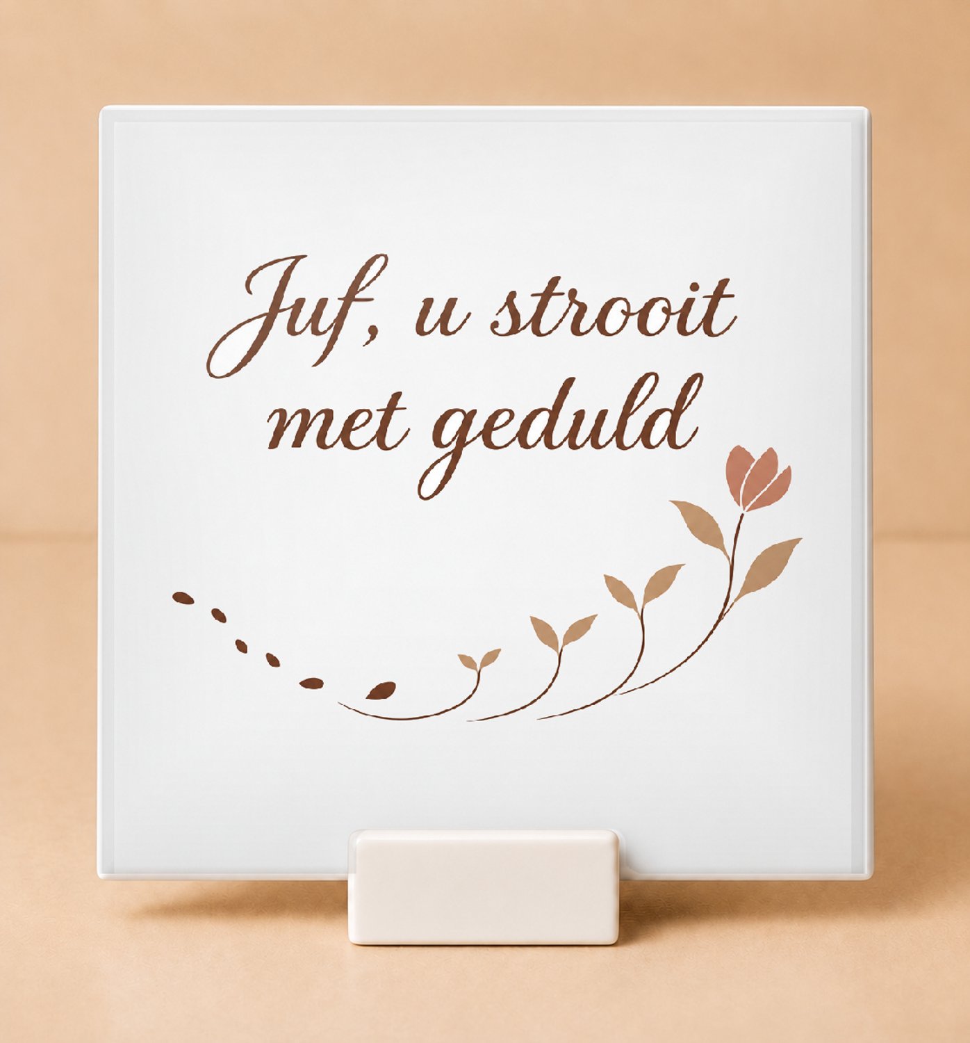 Bedruk King Minimalistische Juf Tegel 'Juf, u strooit met geduld' – Elegante One-Line Art voor Onderwijs en Leraren - 15 x 15 cm met houder Wit