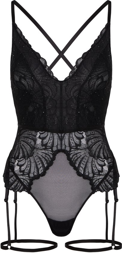 Zwarte kanten body van Hunkemöller met glinsterende accenten, mesh inzetstukken en jarretels.