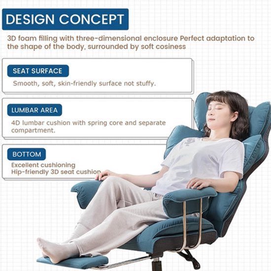 Gaming Stoel - Ergonomische Bureaustoel - Stoel - Bureaustoelen - met Voetsteun - Verstelbare Rugleuning - Vering en Dikke Zitting - Tot 150 kg - Stoffen Bekleding - Blauw — afbeelding 4