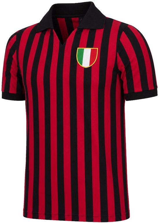 Rood-zwart gestreept poloshirt met een Italiaans schild-embleem op de borst.