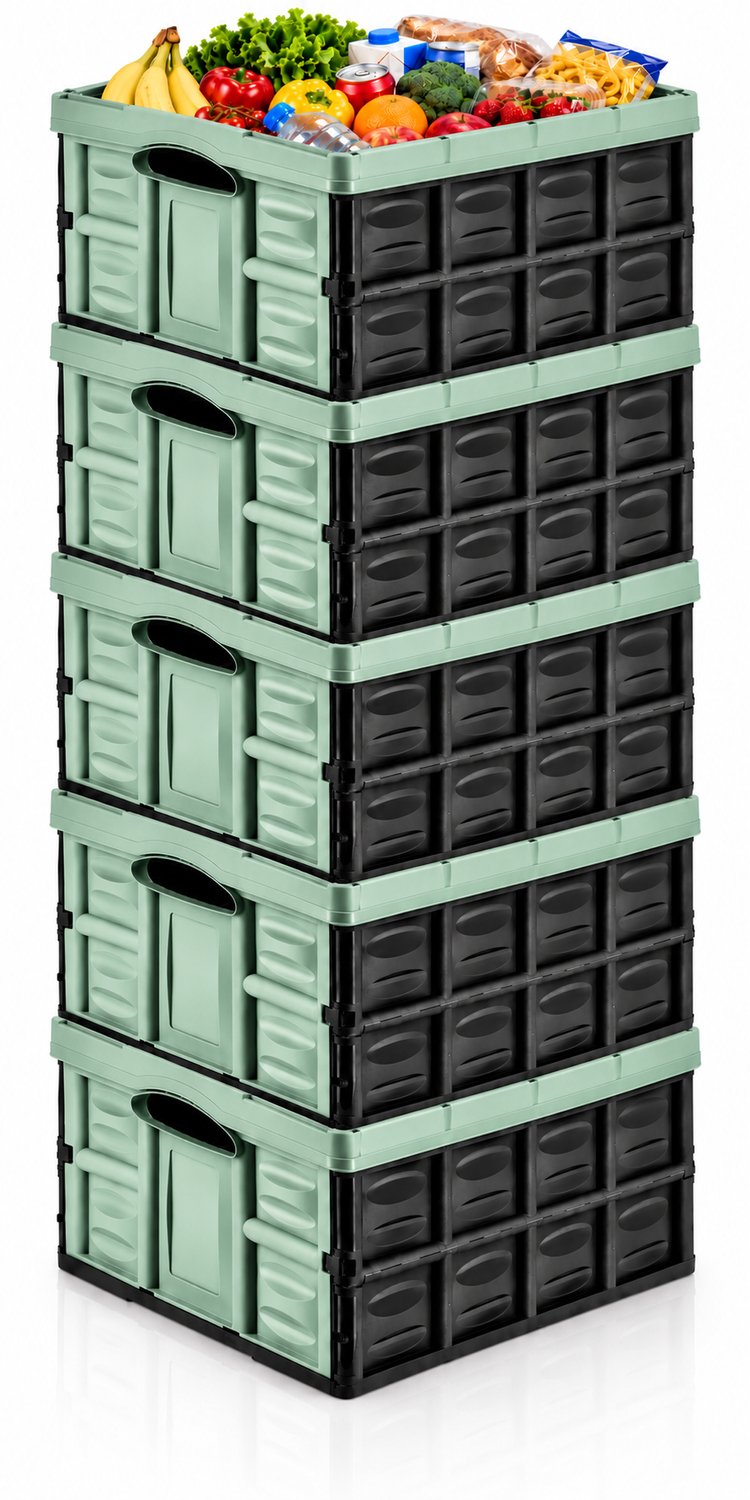 Vouwkrat 45 Liter – Set van 5 – Klapkrat – Opvouwbare Krat – Inklapbare Boodschappenkrat – Stapelbaar – 52,2 x 38,8 x 25,7 cm – Groen/Zwart