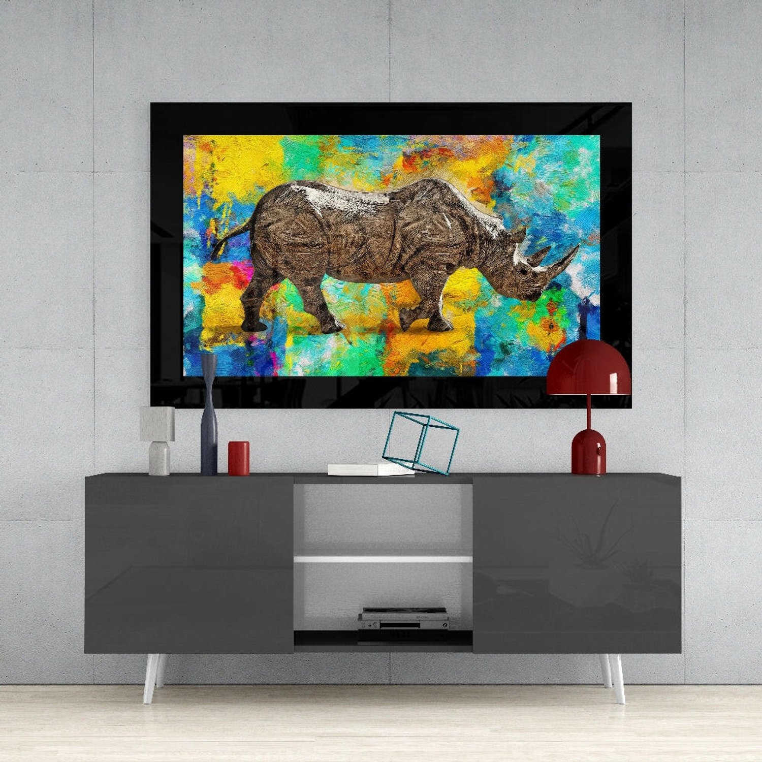 Glasschilderij – Gekleurde Neushoorn – Stijlvolle Wanddecoratie