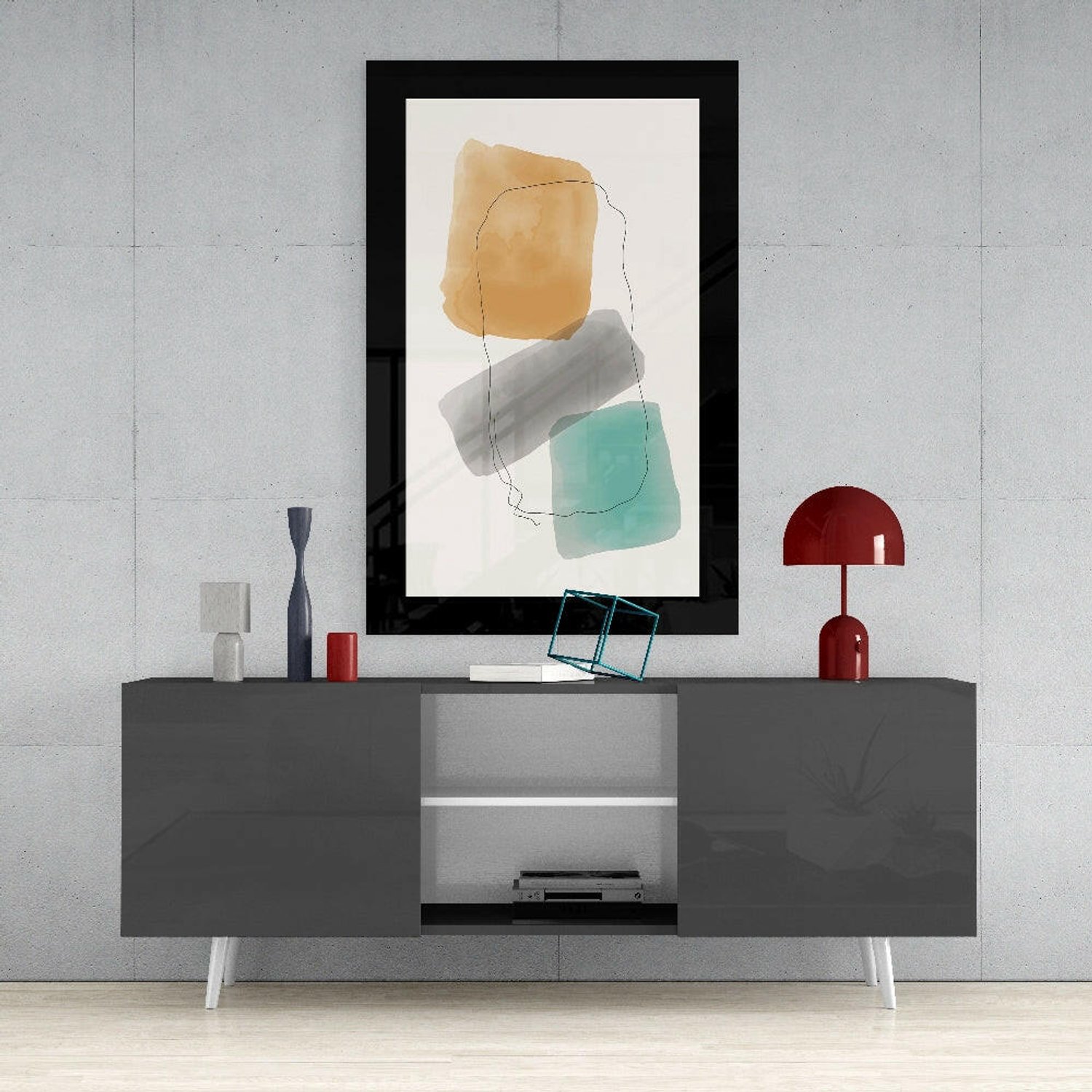 Glasschilderij – Ambergrijze Turquoise Blokken en Lijnen – Eigentijdse Wandkunst