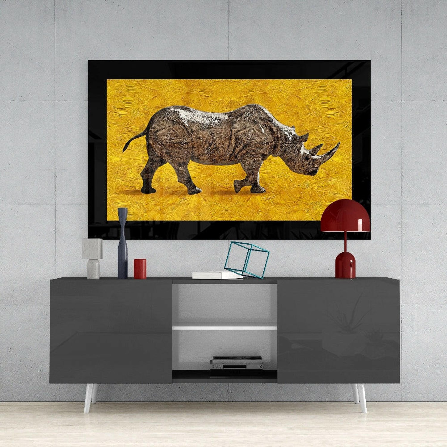 Glasschilderij – Gele Neushoorn in Impastostijl – Kunstzinnige Glasdecoratie